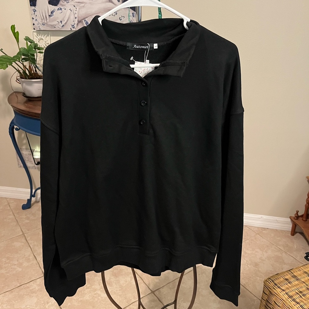 NWT Automet Black Long Sleeve Henley Sweatshirt Top - L